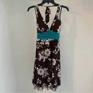 Brown & Teal Floral Sleeveless V-Neck Dress